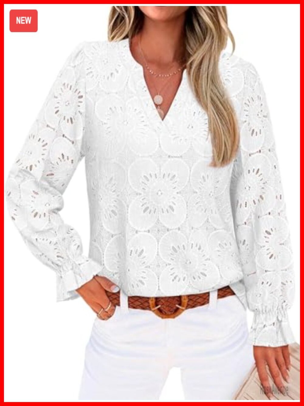 Women's V Neck Eyelet Lace Blouse Long Sleeve Peasant Top with Lining